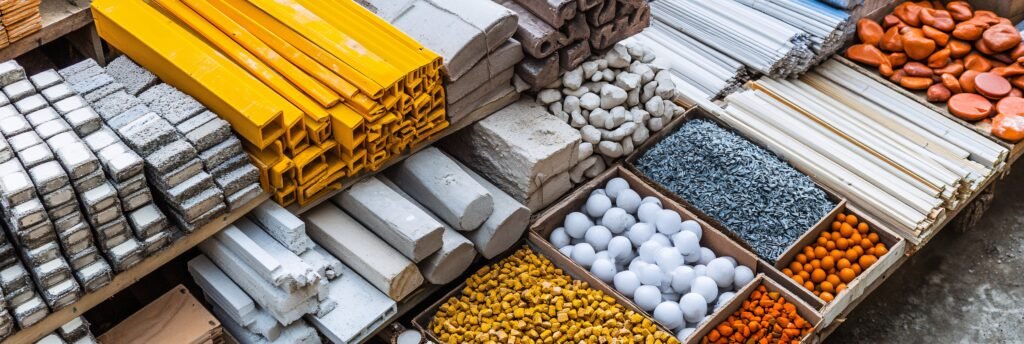 Diversos materiais de construção organizados em estoque, incluindo blocos, tubos metálicos, ripas de madeira e pedras coloridas, representando variedade e qualidade disponíveis em Ituiutaba.